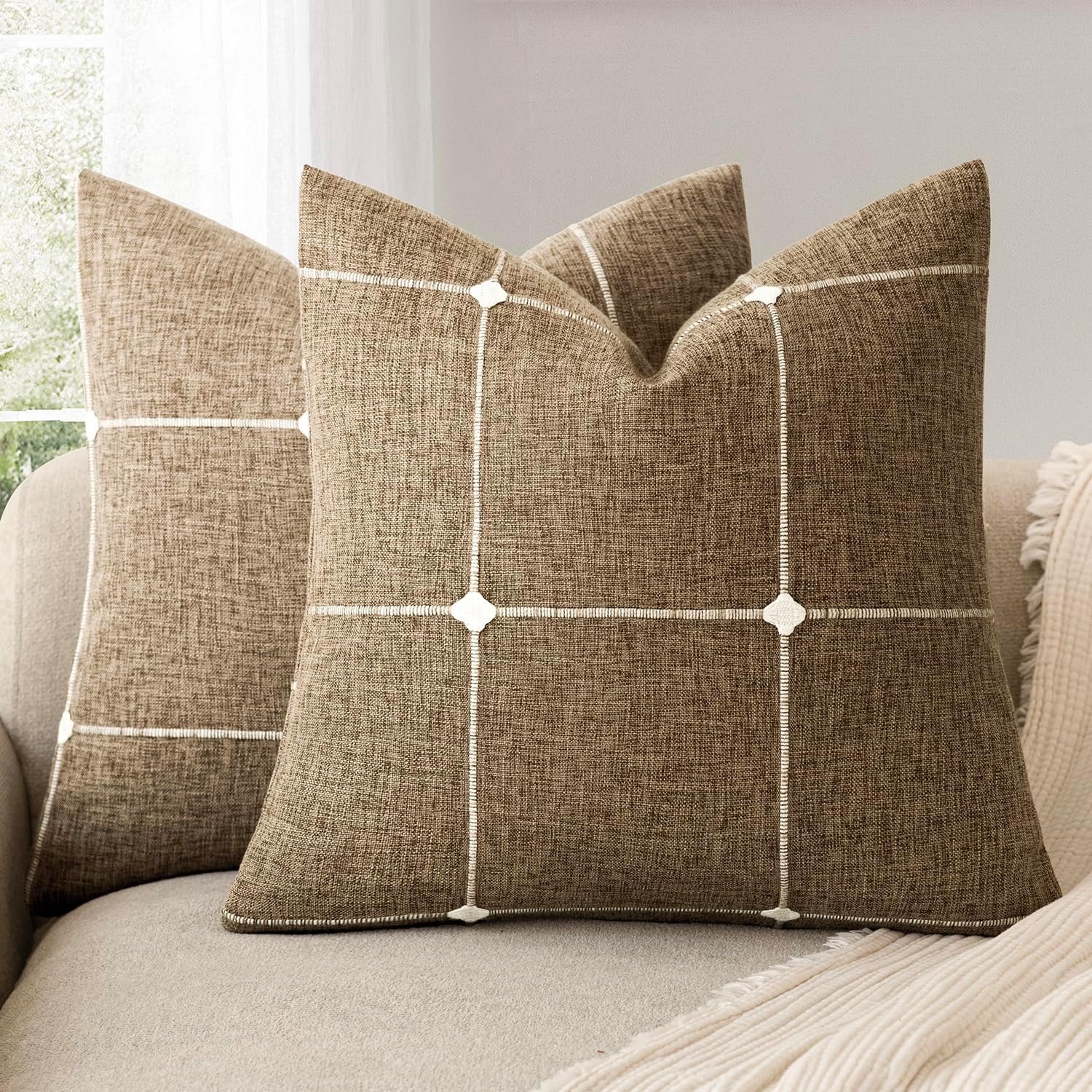 Foindtower Pack of 2 Decorative Faux Linen Jacquard Check Throw Pillow Covers Farmhouse Cushion Cover with Grid Textured Accent Pillowcase for Couch Sofa Living Room Home Decor,18×18 Inch,Tan Khaki