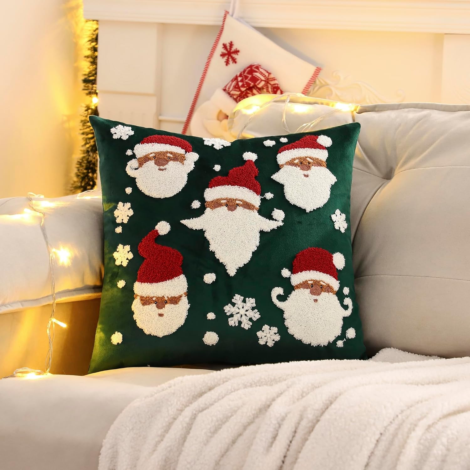 LUOYEHK Christmas Santa Claus Pillow Covers 18x18 Set of 2 Velvet Green Pillow Cases Winter Holiday Embroidered Cushion Covers for Couch Sofa Bed