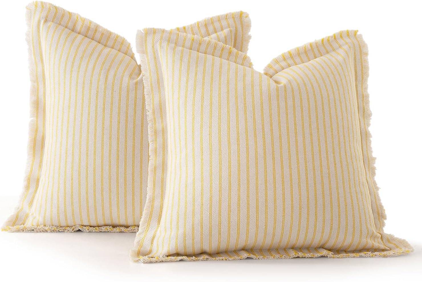 MIULEE Pack of 2 Yellow Pillow Covers 20x20 Inch Striped Farmhouse Couch Throw Pillow Covers with Fringe Chic Cotton Decorative Cushion Covers for Summer Sofa Living Room Bed Outdoor Home Decor