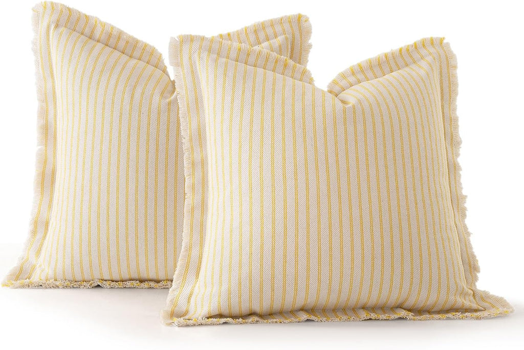 MIULEE Pack of 2 Yellow Pillow Covers 24x24 Inch Striped Farmhouse Couch Throw Pillow Covers with Fringe Chic Cotton Decorative Euro Sham Cushion Covers for Summer Sofa Living Room Bed Home Decor