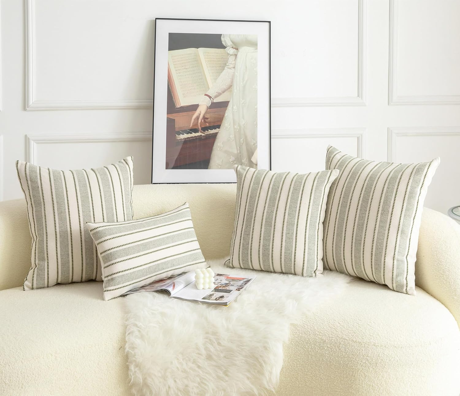 Decorative Boho Throw Pillow Covers, Farmhouse Textured Pillow Case, 20 x 20 Inch Set of 2, Chair Sofa Bedroom Living Room Home Decor Couch Cushion Case, Olive Green and Beige Striped