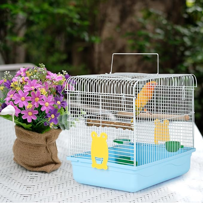 Small Bird Cage, Lightweight for Parakeets, Hanging for Parrot, Travel for Cockatiel, Outdoor Budgie, Pet Products Flat Top Economy Small Animal Cage with Stand Accessories with White Wire, Blue