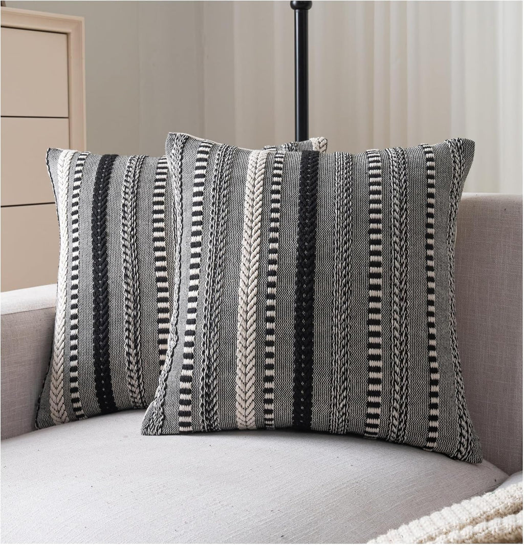 Boho Throw Pillow Covers 22x22 Inch Set of 2, Farmhouse Decorative Couch Pillow Cases, Black Accent Pillows of Bed, Sofa Bedroom Living Room Home Decor Cushion Cover