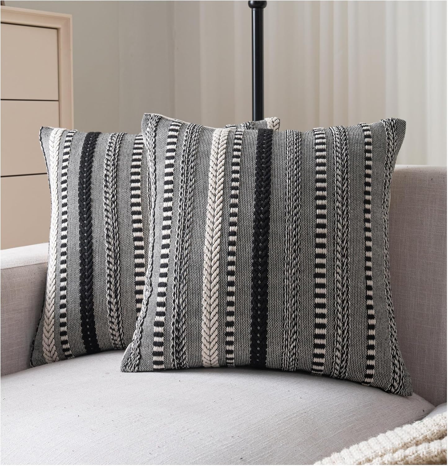 Boho Throw Pillow Covers 22x22 Inch Set of 2, Farmhouse Decorative Couch Pillow Cases, Black Accent Pillows of Bed, Sofa Bedroom Living Room Home Decor Cushion Cover