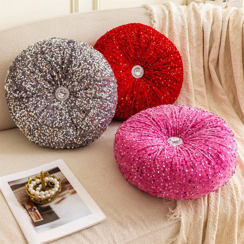 Round Throw Pillow, 13.7" Soft Glitter Sequin Pleated Pumpkin Decorative Round Pillow Circle Floor Pillow Cushions for Sofa Bed Chair Living Room Floor Home Decoration, Rose Red