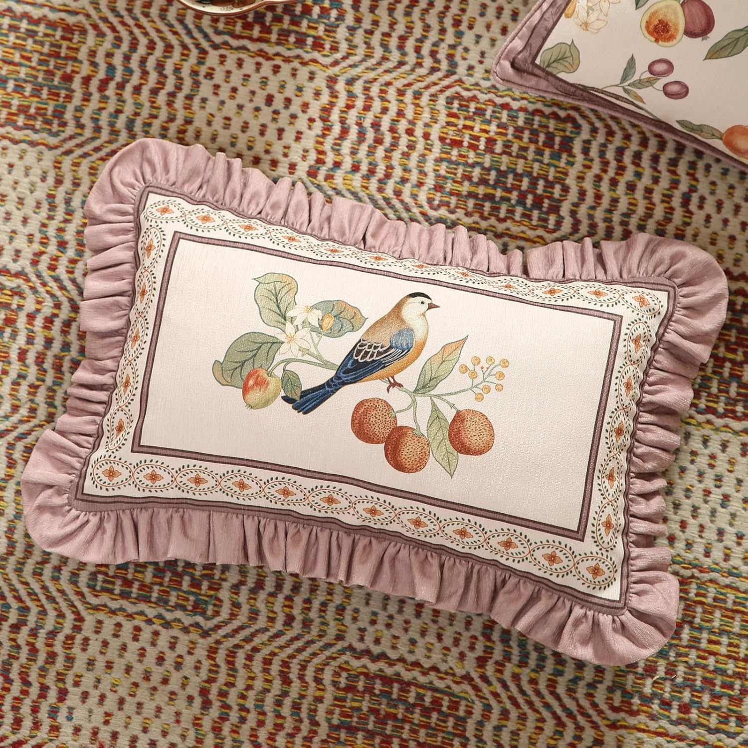 Pink Rectangle Farmhouse Throw Pillow Covers,Birds and Flowers Pattern Cozy Velvet Pillowcases,Decoration Lumbar Pillows Cushion Covers for Couch Sofa Bed Car Chair,12"x20"