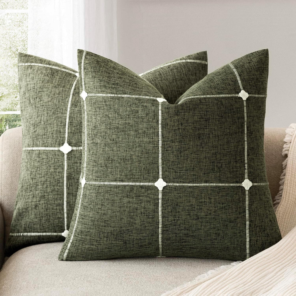Foindtower Pack of 2 Decorative Faux Linen Jacquard Check Throw Pillow Covers Farmhouse Cushion Cover with Grid Textured Accent Pillowcase for Couch Sofa Living Room Home Decor,18×18 Inch,Olive Green