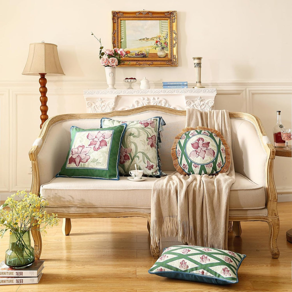 patdrea Designer Throw Pillow Covers Set of 2,French Elegant Spring Green Linen with Iris Floral Pattern Pillow Covers,Decorative Lumbar Pillowcases Cushion for Bed Living Room Outdoor,12"x20"