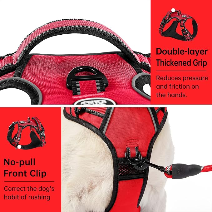 IVY&LANE No Pull Dog Harness for Large Dogs, Dog Vest Harness with Leash, Safety Belt and Storage Strap, Fully Adjustable Harness, 360° Reflective Strip, Soft Handle (Red, L)