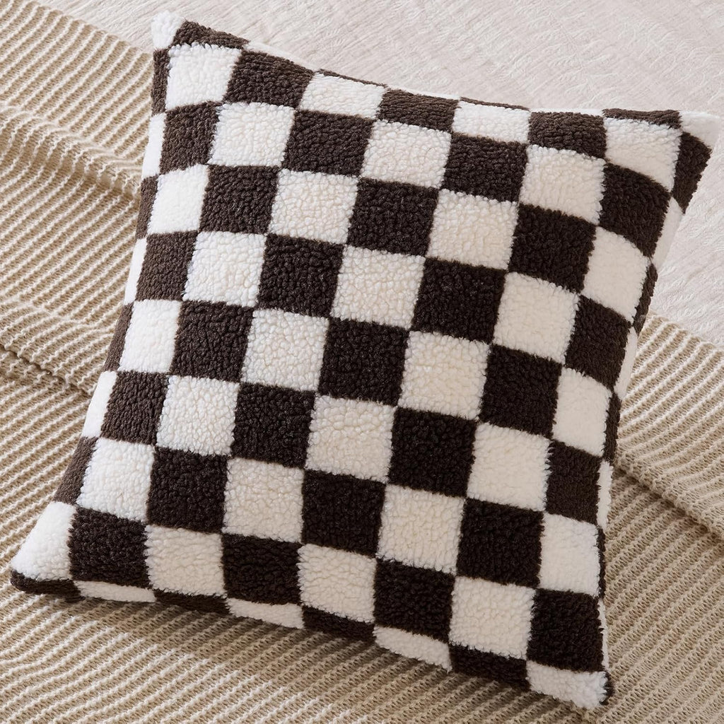 AmHoo Pack of 2 Decorative Throw Pillow Covers Checkerboard Luxury Super Soft Faux Fur Wool Set Case Cushion for Couch Sofa Bedroom 20 x 20-Inch Coffee