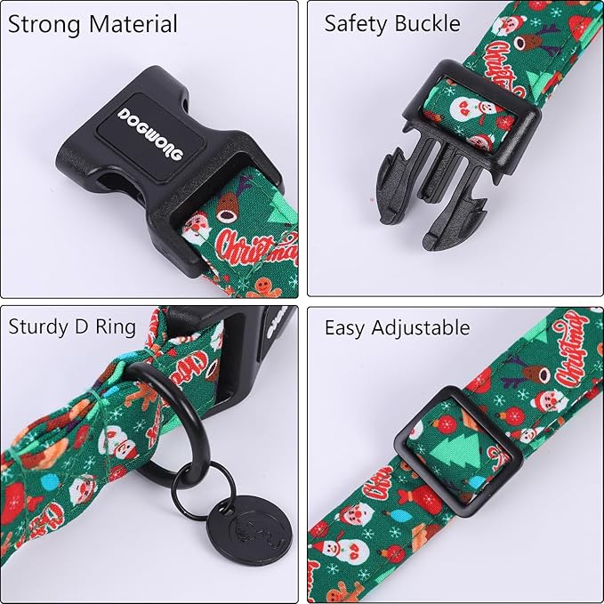 DOGWONG Christmas Cotton Dog Collar, Green Santa Christmas Dog Collar Durable Soft Fabric Pet Dog Collars Cute Puppy Necklace for Small Medium Large Dogs