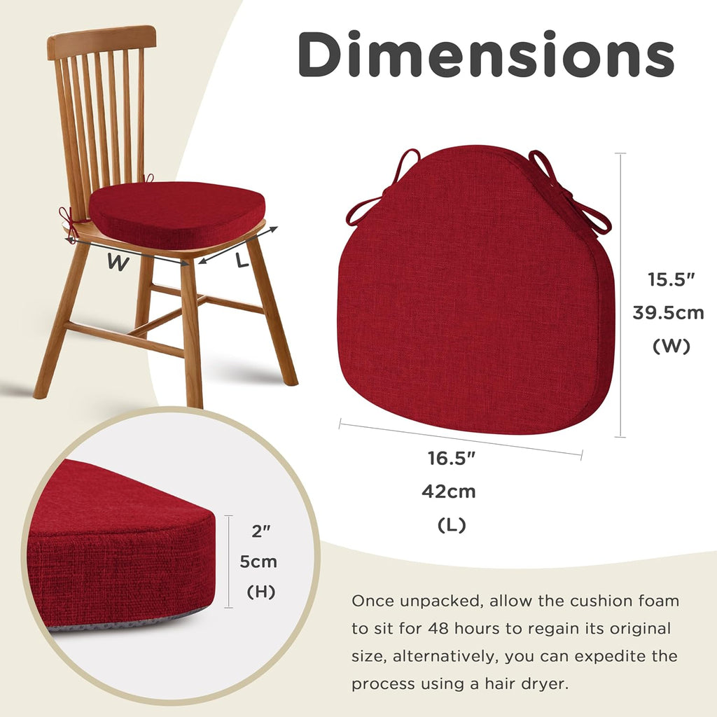 AddGrace Chair Cushions for Dining Chairs Set of 6 Windsor Kitchen Chair Cushions with Removable Textured Cover and Non Slip Bottom Indoor Chair Pads with Ties and Foam (16.5x15.5 Inches Red)