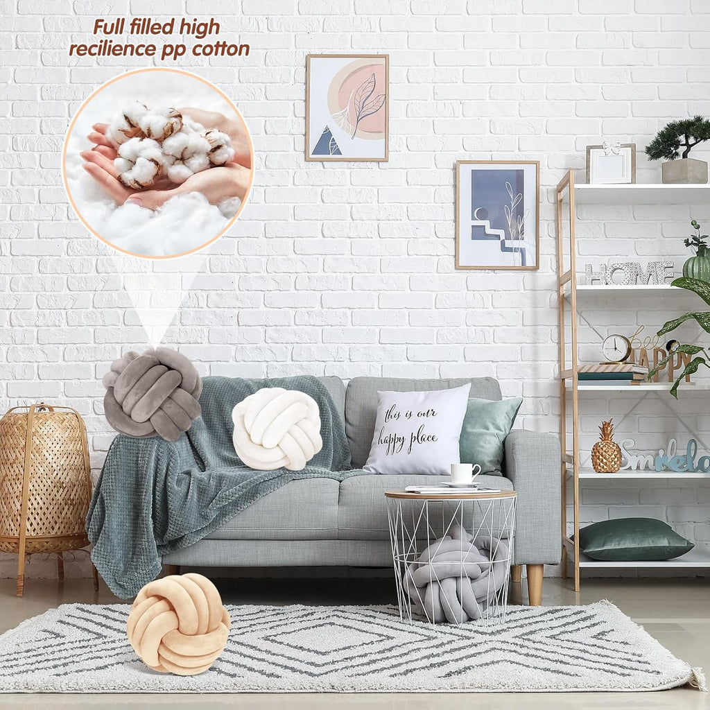 Yerliker 4 Pcs Knot Pillow Ball, 8.7 Inches Soft Home Decorative Round Throw Pillow Handmade Knotted Plush Accent Cushion Gifts for Nursery Decor Home Bed Sofa Bedroom Decoration