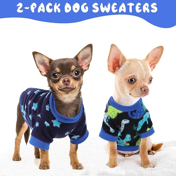 2 Pieces Dog Sweaters for Small Dogs, Fall Winter Fleece Dog Clothes, Soft and Warm Puppy Sweater Doggie Coat for Winter Pet Cloting for Chihuahua Yorkie (Stars, Dinosaurs, X-Small)