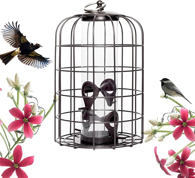 Nature's Rhythm Outdoor Hanging Bird Feeder Cage PC Tube Squirrel Proof Wild Bird Feeder with Large Metal Seed Guard Deterrent Green