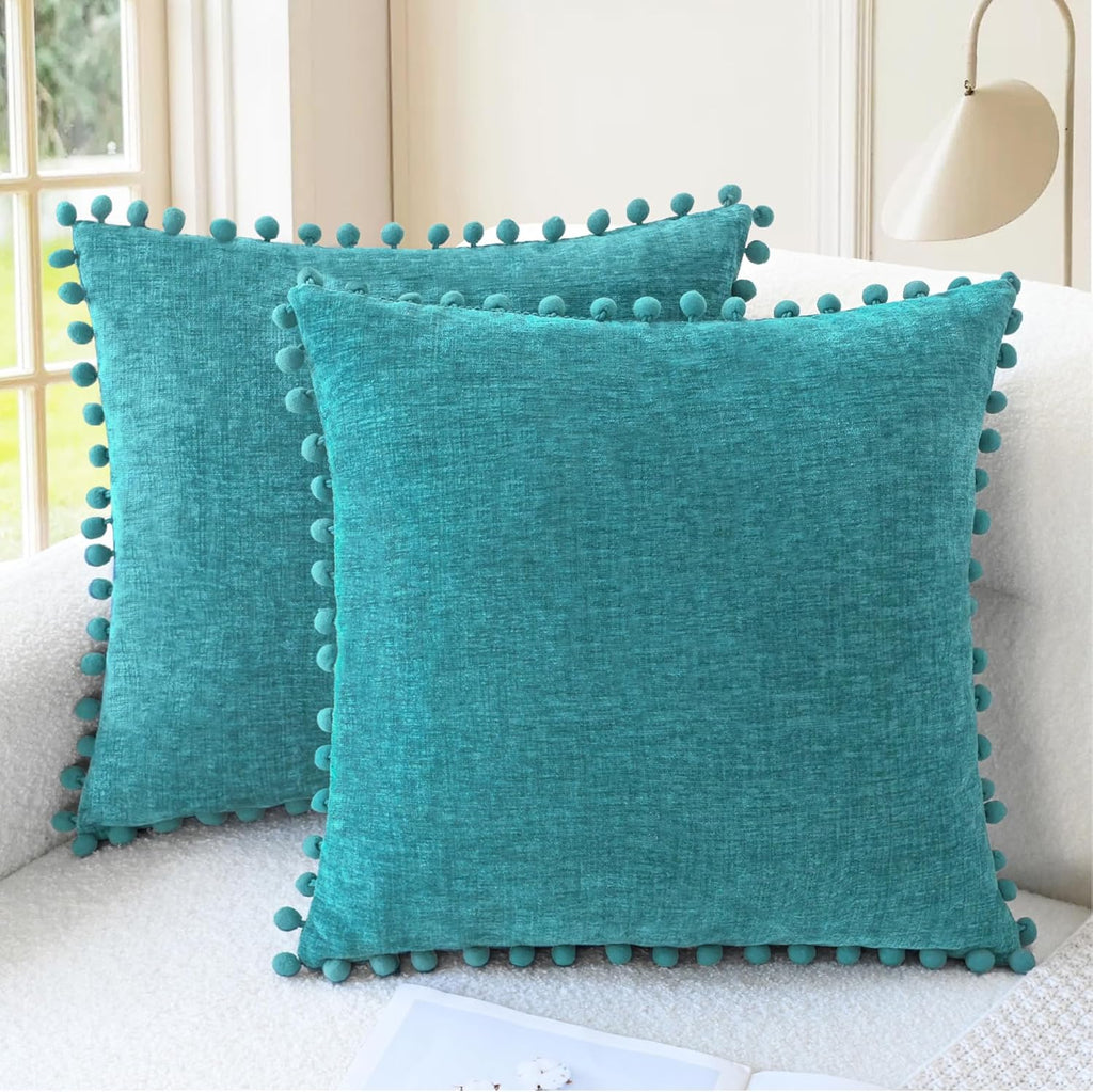 CaliTime Throw Pillow Covers Decorative 16 X 16 Inches Pack of 2 Cozy Solid Dyed Soft Chenille Cushion Cases with Pom Poms for Couch Sofa Bed Living Room Home Lake Blue