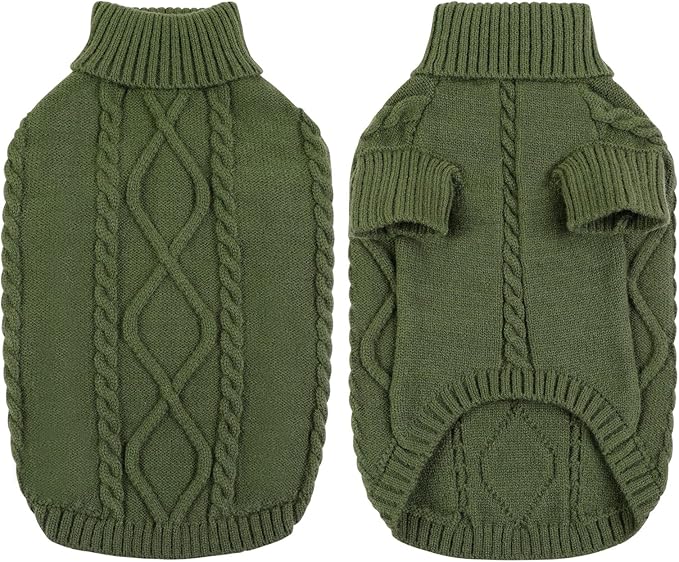 Queenmore Small Dog Pullover Sweater, Cold Weather Cable Knitwear, Classic Turtleneck Thick Warm Clothes for Chihuahua, Bulldog, Dachshund, Pug (Army Green, Medium)
