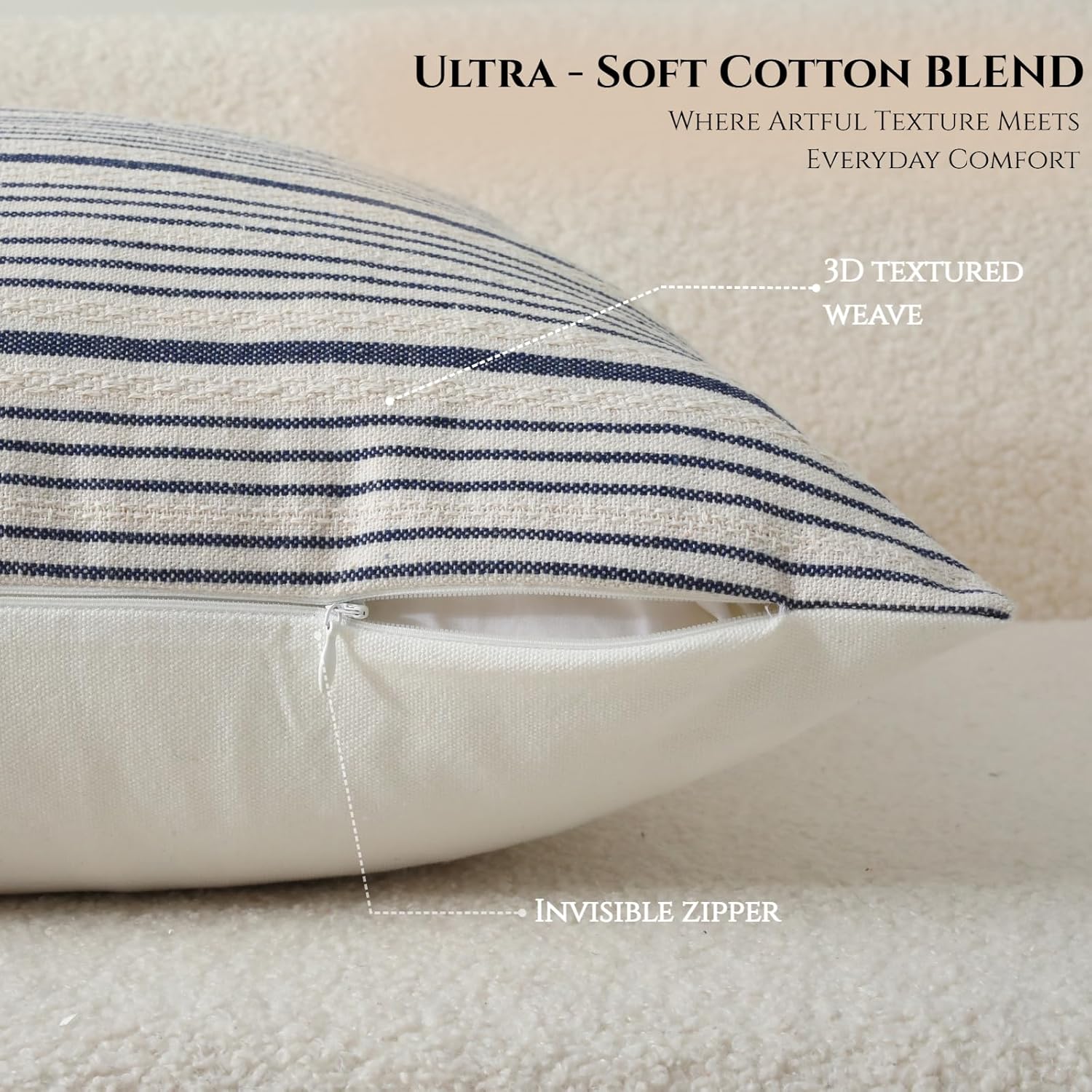 DWR Striped 3D Textured Weave Throw Pillow Covers 20x20 Set of 2, Polyester Cotton Blend in Navy, Modern Farmhouse Decorative Pillow Cases for Couch Sofa Bed Living Room