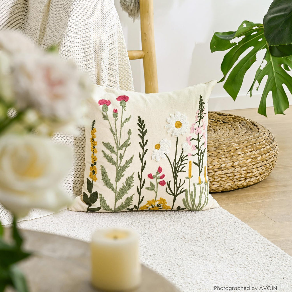 AVOIN colorlife Holiday Floral Embroidered Decorative Throw Pillow Cover, 18 x 18 Inch Daisy Colorful Flowers Tufted Patterned Linen Cushion Case for Bedroom Living Room Sofa Couch