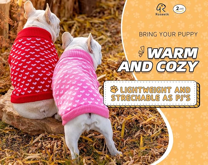 2 Pack Dog Sweater Winter Warm Clothes - Heart Soft Puppy Small Thickening Turtleneck Sweatshirt for Chihuahua, Bulldog, Dachshund, Pug, Yorkie (XS, Pink, Red)