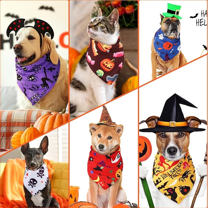 Kigeli 100 Pack Halloween Dog Bandanas Adjustable Triangle Bibs Scarf Ghost Halloween Pumpkin Spider Web Pet Bandanas Costumes Holiday Accessories for Large Medium Small Dog Puppy Cat(Large)