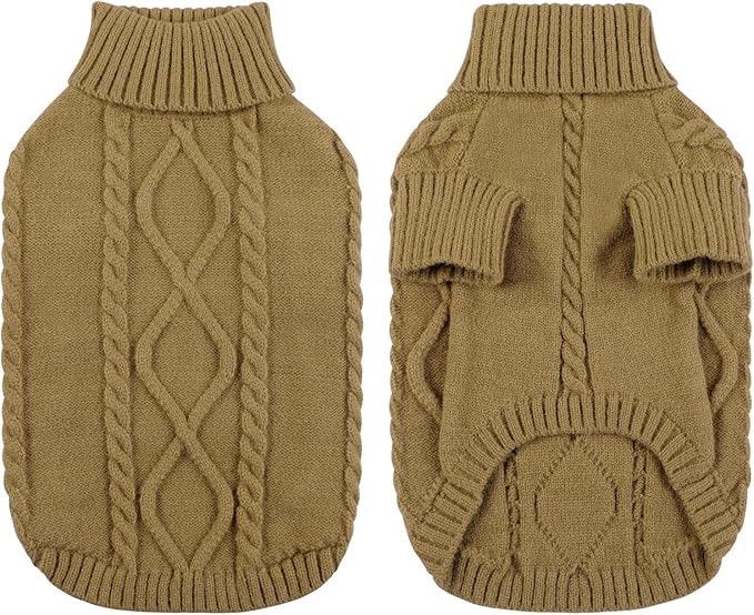 Queenmore Small Dog Pullover Sweater, Cold Weather Cable Knitwear, Classic Turtleneck Thick Warm Clothes for Chihuahua, Bulldog, Dachshund, Pug (Light Brown, Medium)