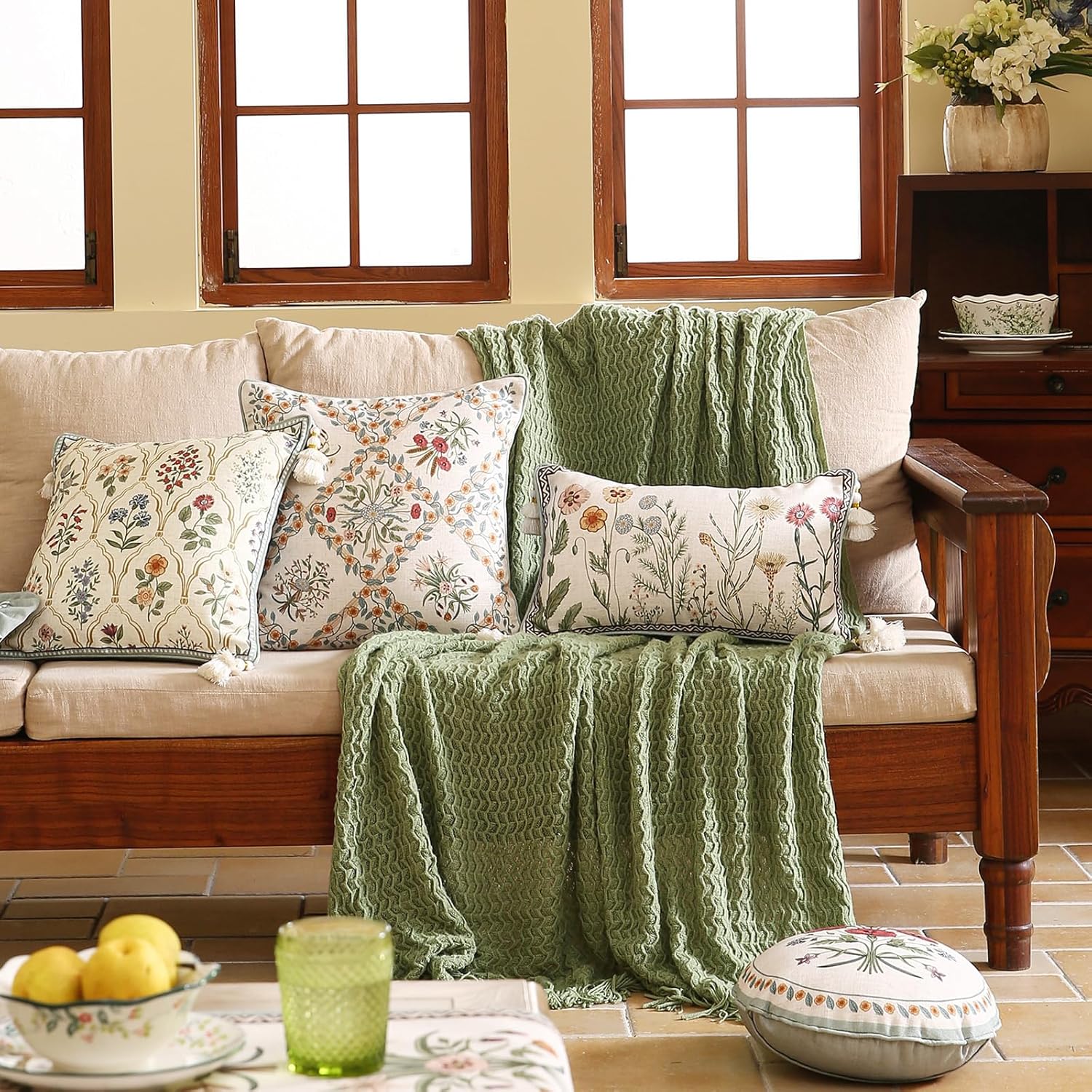 ISAENNE Design Linen Throw Pillow Covers 12"x20", Lumbar Farmhouse Cushion Covers with Yellow Purple Watercolor Wildflower Pattern Decor Pillowcases for Bed,Living Room,Outdoor,Car