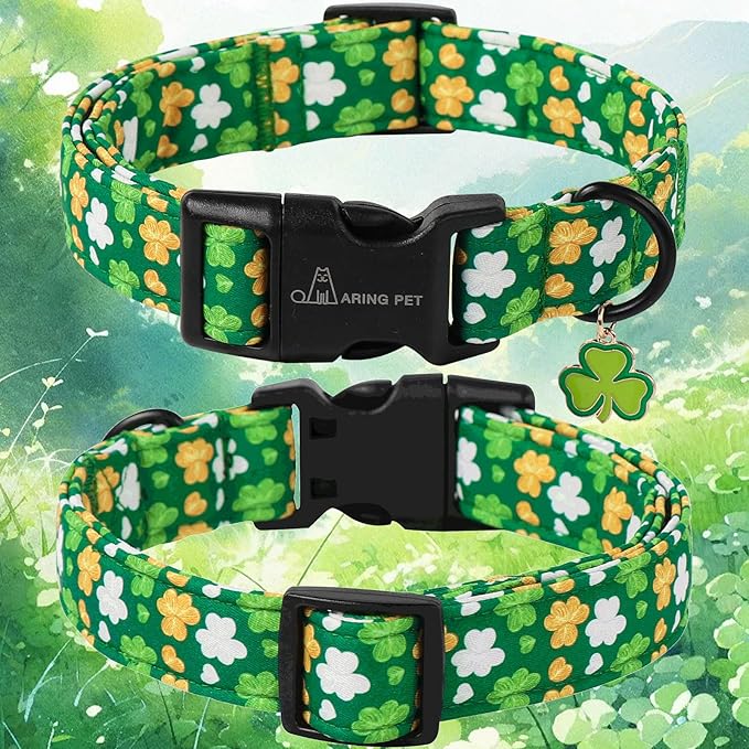 ARING PET St Patrick's Day Dog Collar-Cute Green Clovers Dog Collars, Adjustable Shamrock Pet Collars Trefoil Puppy Collar Gifts with Quick Release Buckle for Girl&Boy Dogs