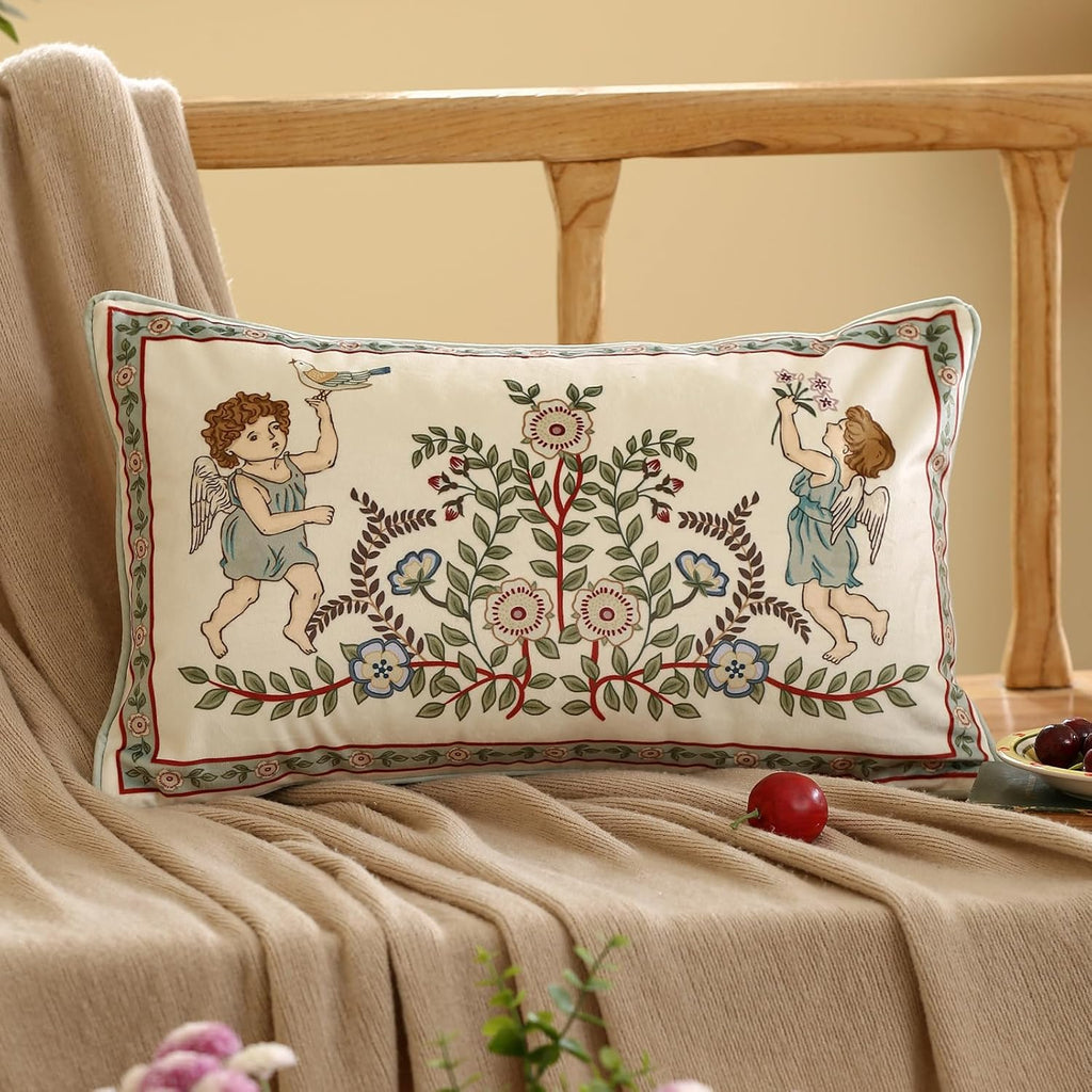 Throw Pillow Covers,Green Cozy Velvet Farmhouse with Angles and Floral Pattern Pillowcases,Decoration Lumbar Pillows Cushion Covers for Couch Sofa Bed Car Chair,12"x20"