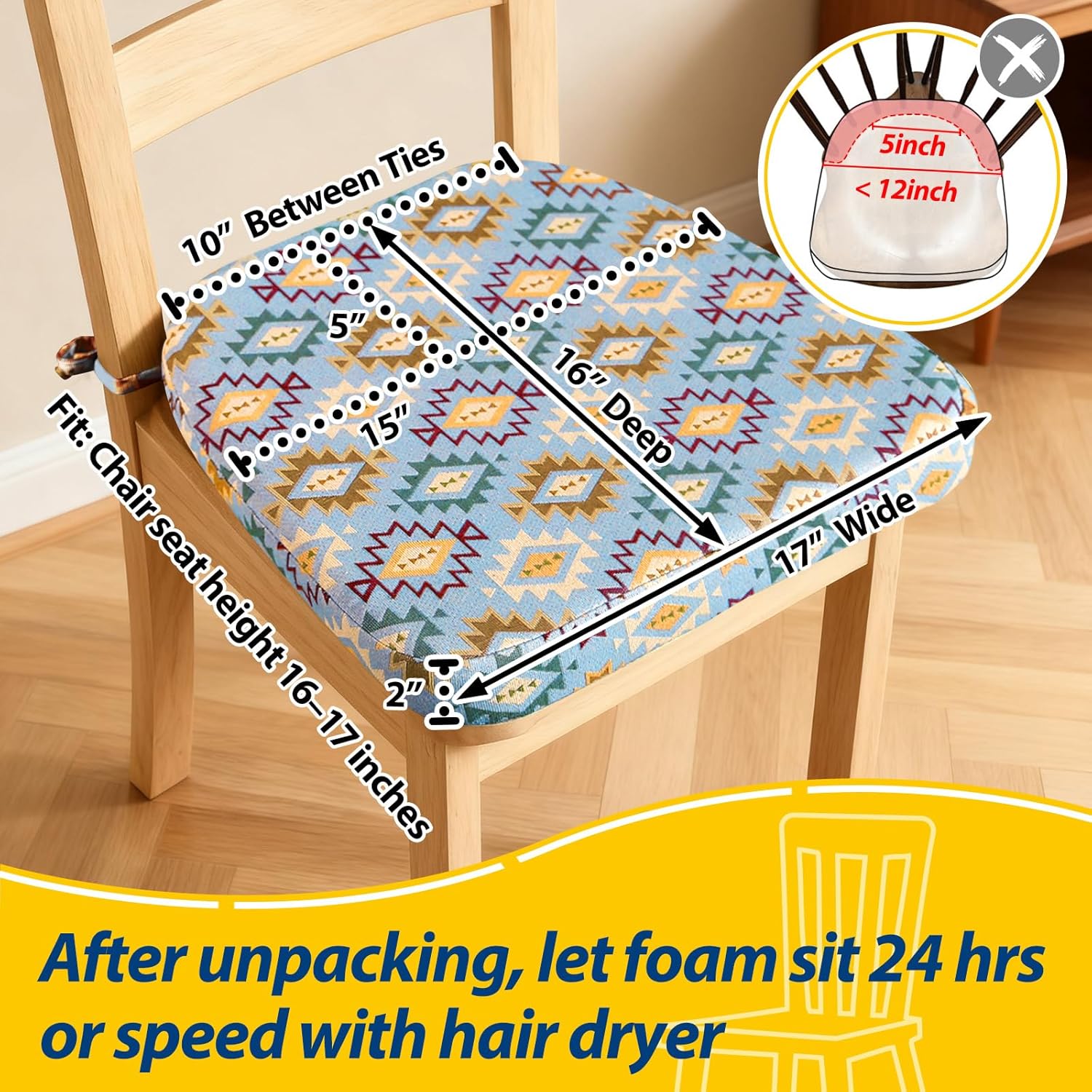 AAAAAcessories D-Shaped Chair Cushions, 2" Thick Dining Chair Pads with Ties and Removable, Machine-Washable Cover, 17" x 16", Geometric Blue