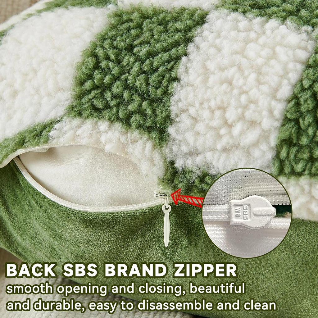 AmHoo Pack of 2 Decorative Throw Pillow Covers Checkerboard Luxury Super Soft Faux Fur Wool Set Case Cushion for Couch Sofa Bedroom 26 x 26-Inch Sage Green