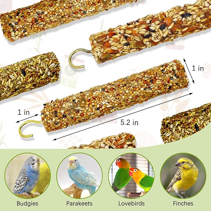 Fhiny Parakeet Treats, 6 PCS Natural Bird Crunch Sticks Grains & Vegetable Budgie Snacks Cockatiel Food Sticks Long-Lasting Chewing Toys for Parakeet Cockatiel Budgie Conure Parrot Lovebird Finch