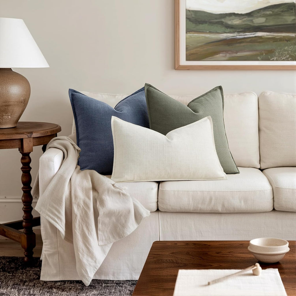 MIULEE Decorative Pillow Covers 18x18, 2 Pack Navy Blue Boho Farmhouse Neutral Throw Pillows for Couch, Thick Textured Modern Linen Cushion Cases Sofa Bed Living Room Home Decor