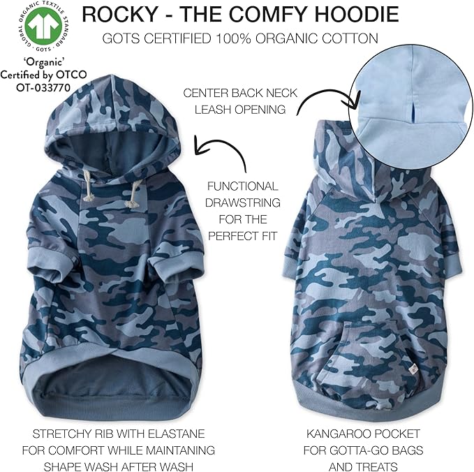 Rocky – The Orginal Lightweight Hooded TEE 100% Organic Cotton Dog Hoodie Pet Coat Sweater for Small, Medium, Large Dogs, Navy Camo, Large (40-60 lbs)