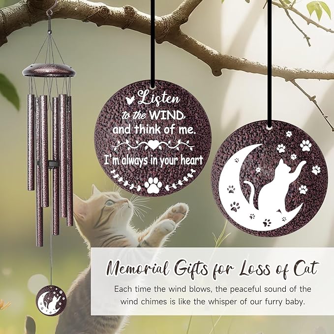 Cat Memorial Gifts for Loss of Cat, 25 inch Cat Memorial Wind Chimes, Loss of Cat Sympathy Gift, Cat Remembrance Gift, Bereavement Gifts Cats, in Memory of Cat Wind Chimes for Outside Garden