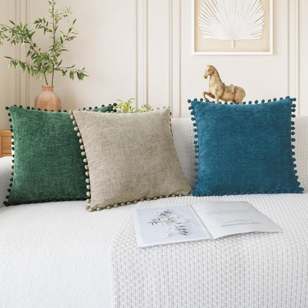 CaliTime Throw Pillow Covers Decorative 20 X 20 Inches Pack of 2 Cozy Solid Dyed Soft Chenille Cushion Cases with Pom Poms for Couch Sofa Bed Living Room Home Taupe