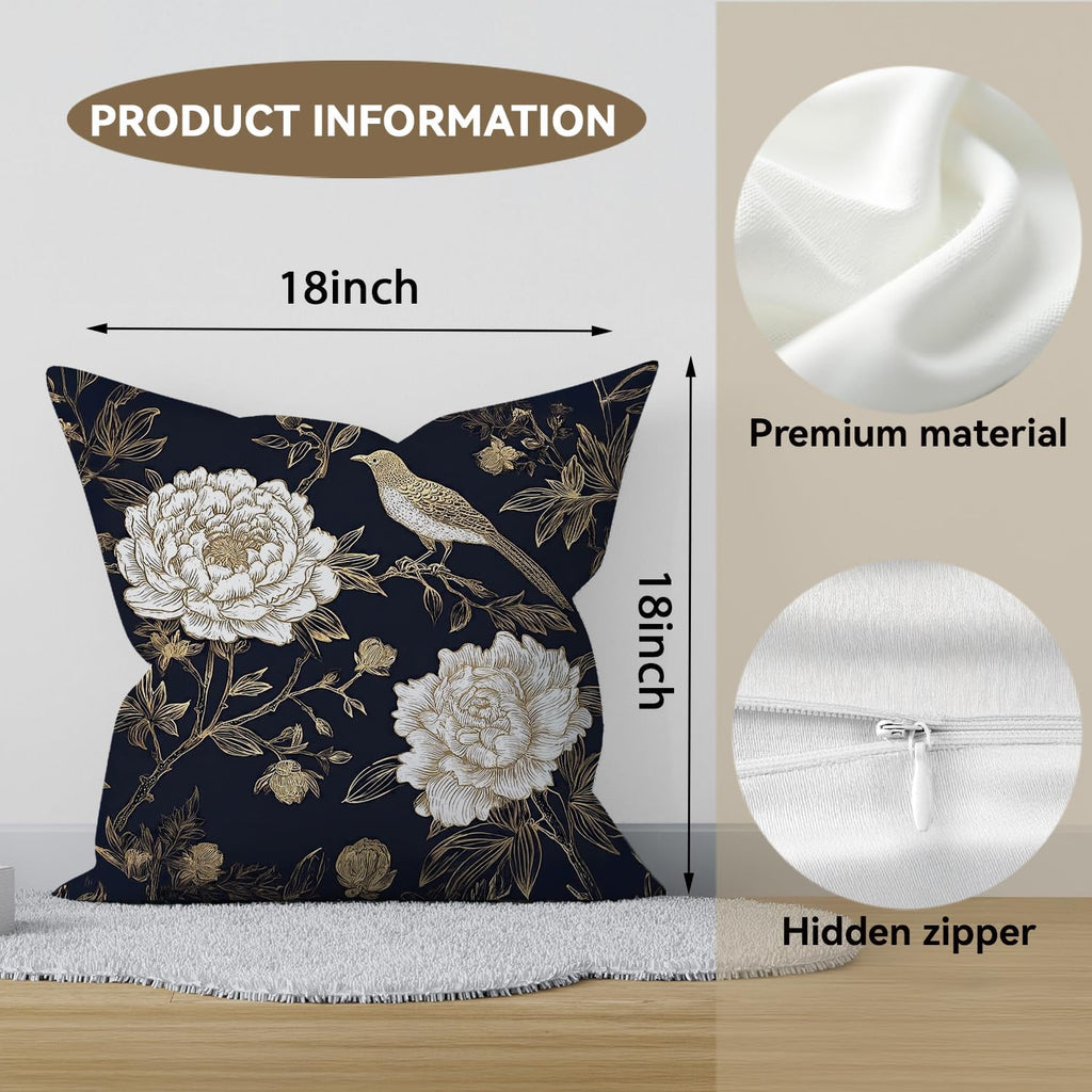 Vintage Floral Throw Pillow Covers, Vintage Flower Pattern Double Sided Cushion Cover, Indoor and Outdoor Home Art Decor Pillowcase for Sofa or Bedroom Decor 18x18inches (Flower&Bird, 18x18inches)
