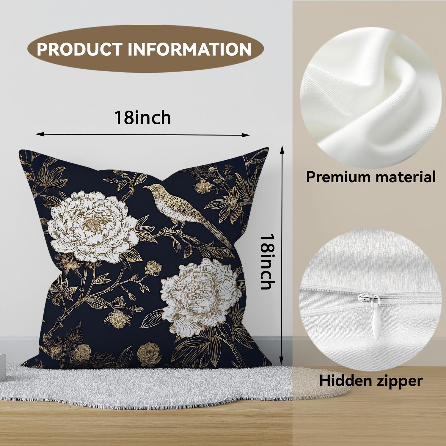 Vintage Floral Throw Pillow Covers, Vintage Flower Pattern Double Sided Cushion Cover, Indoor and Outdoor Home Art Decor Pillowcase for Sofa or Bedroom Decor 18x18inches (Flower&Bird, 18x18inches)