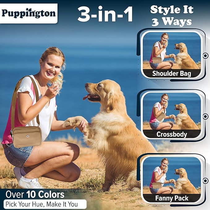 Puppington 3-in-1 Crossbody Dog Walking Bag & Treat Pouch with Matching Planet Safe Poop Bags & Built-In Dispenser - Dog Mom Gift for Puppy Training with Zippered Pockets (Latte Beige)