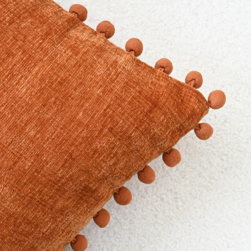CaliTime Fall Throw Pillow Covers Decorative 20 X 12 Inches Pack of 2 Cozy Solid Dyed Soft Chenille Cushion Cases with Pom Poms for Couch Sofa Bed Living Room Home Burnt Orange