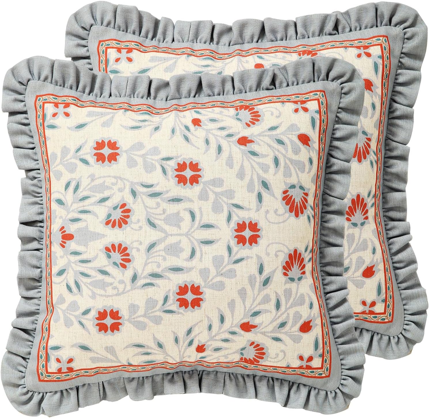 Floral Throw Pillow Covers Set of 2,Cottage Rustic with Blooming Flower Pattern Linen Pillowcases,Decorative Square Pillows Cushion Covers for Couch Sofa Bed Chair Car,18x18 Inches