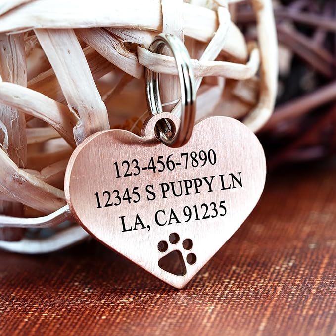 Ultra Joys Dog Tags Personalized for Pets - Hollow Paw Custom Pet ID Tag - Engraved Dog Tag for Small, Large Dogs - Small Heart in Rose