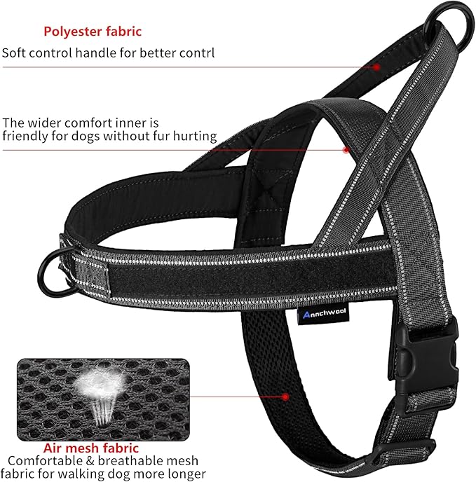 Annchwool No Pull Dog Harness with Soft Padded Handle,Reflective Strip Escape Proof and Quick Fit to Adjust Dog Harness,Easy for Training Walking for Small & Medium and Large Dog(Black,L)