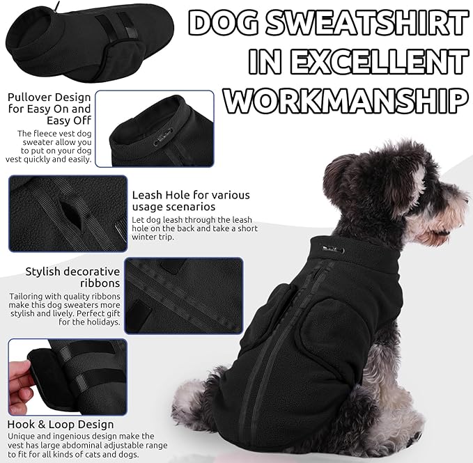 Queenmore Small Dog Warm Winter Jacket, Soft Fleece Vest Pullover with Leash Hole, Dachshund Cat Boy or Girl (Black, S)