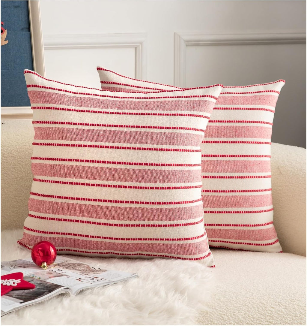 Christmas Pillow Covers, Boho Textured Red Pillow Case, Pillow Covers 18 x 18 Inch Set of 2 Christmas Decorative, Chair Sofa Bedroom Living Room Home Holiday Decor Cushion Case