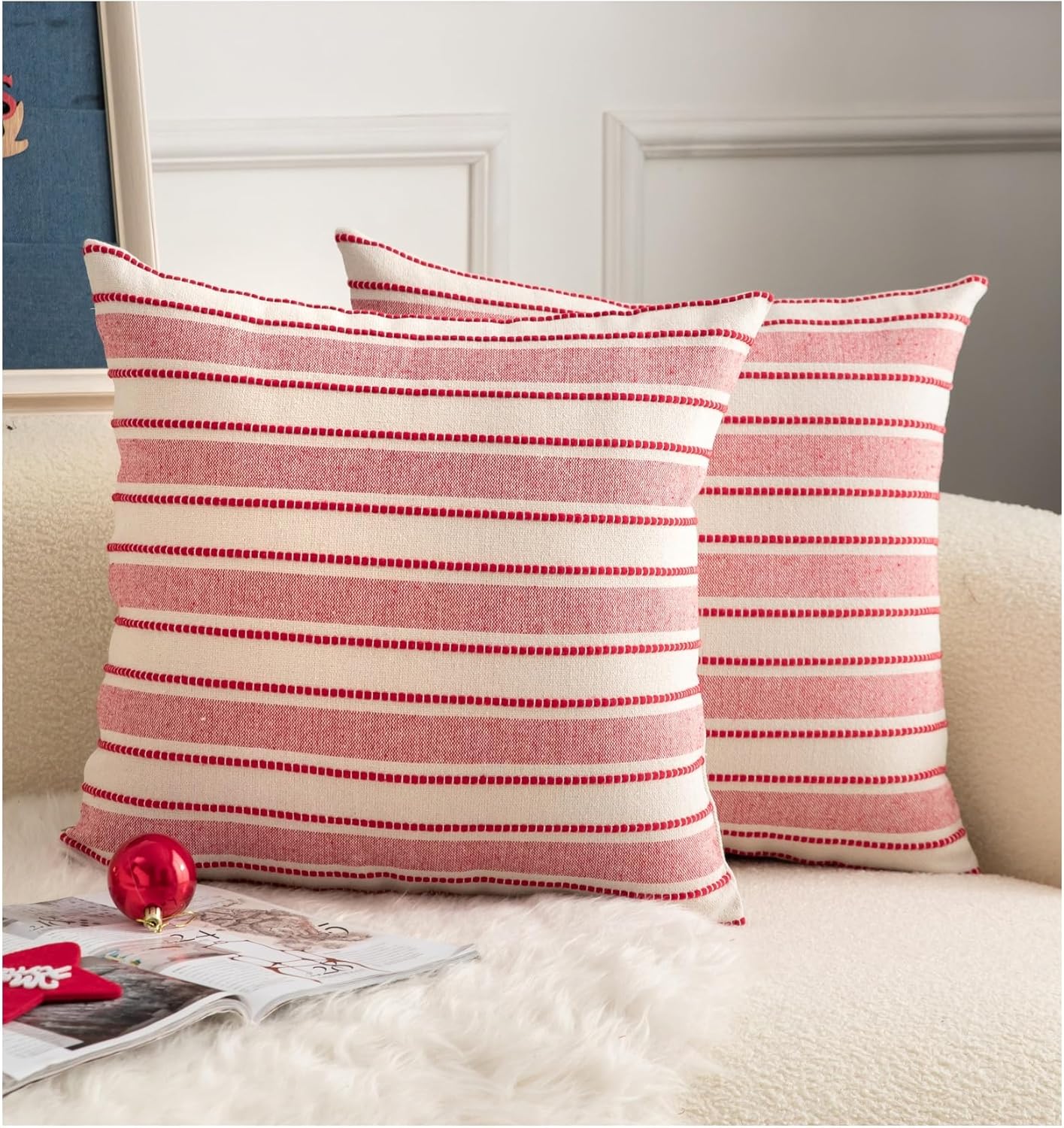 Christmas Pillow Covers, Boho Textured Red Pillow Case, Pillow Covers 18 x 18 Inch Set of 2 Christmas Decorative, Chair Sofa Bedroom Living Room Home Holiday Decor Cushion Case