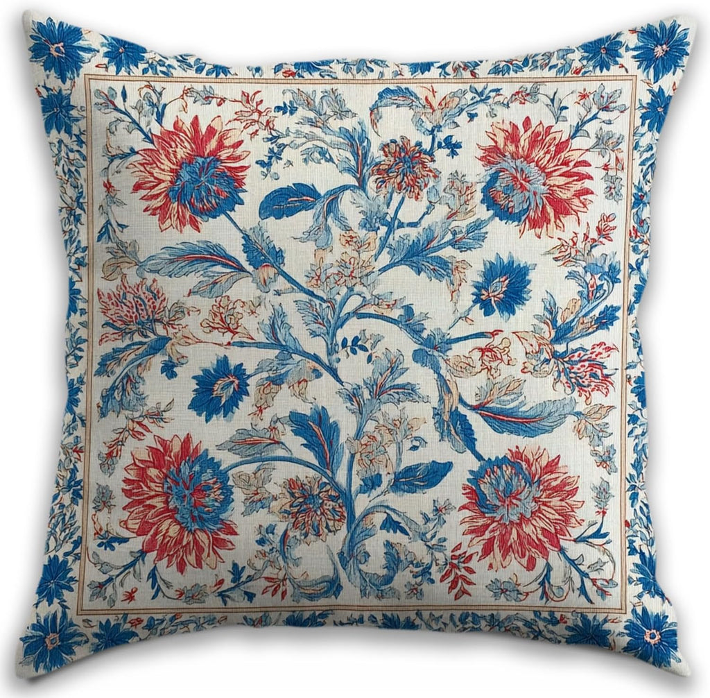 Bohemian Pillow Covers | Vintage Floral & Carpet Design | Double Sided Blue White Decorative Pillowcases for Couch, Bed | Indoor Outdoor Boho Home Decor (Blue&Red, 18x18inches)