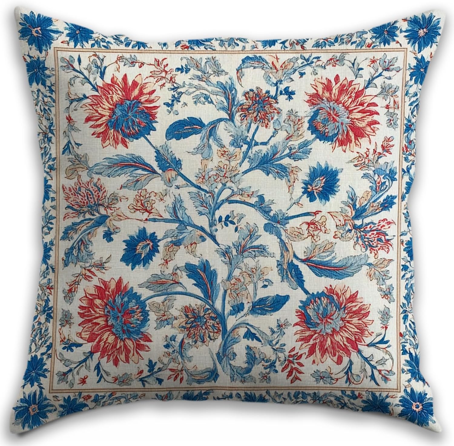 Bohemian Pillow Covers | Vintage Floral & Carpet Design | Double Sided Blue White Decorative Pillowcases for Couch, Bed | Indoor Outdoor Boho Home Decor (Blue&Red, 18x18inches)