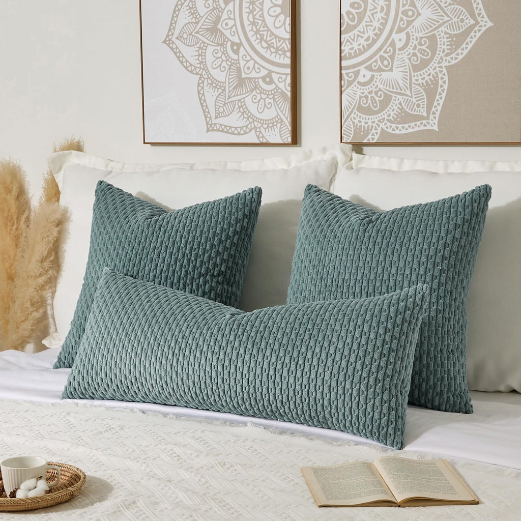Kevin Textile 14x36 Inch Long Lumbar 1 Pack Boho Decorative Throw Pillow Cover Soft Striped Corduroy Rectangle Cushion Case Farmhouse Solid Color Accent for Living Room Couch Sofa Bed, Teal Green