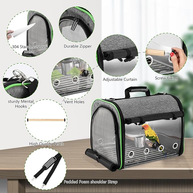 Suertree Bird Carrier Bag Bird Travel Cage Indestructible Stainless Steel Mesh, Bag with Stand for Parrot, Portable Bird Travel Bag, Pet Transparent Breathable Travel Cage